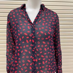 Sheer blue with red lips blouse